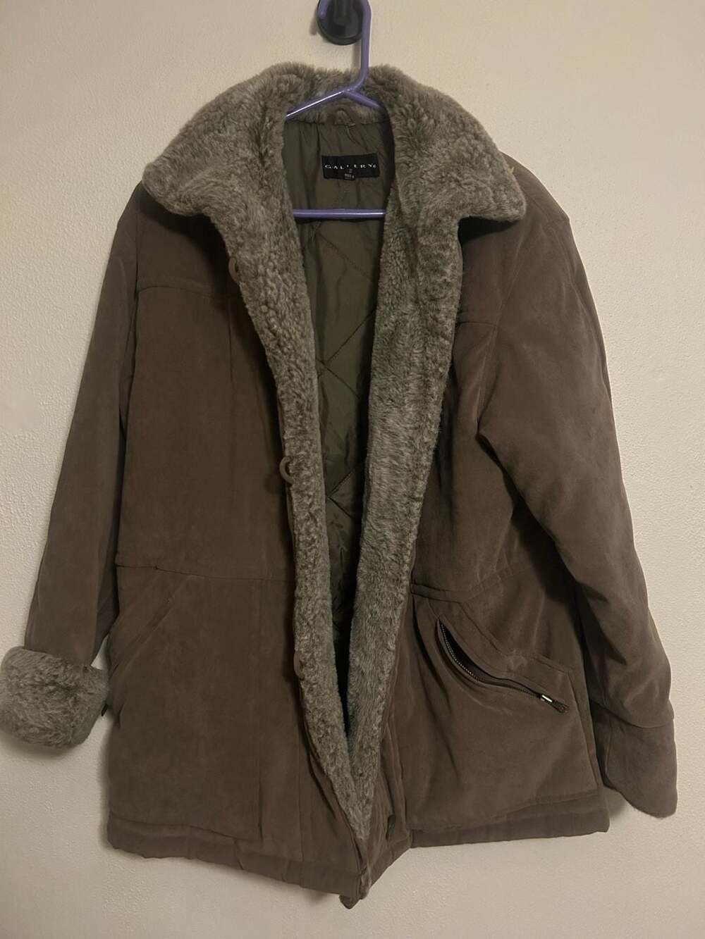 Gallery Faux Fur Trim Quilted Lined Winter Coat Brown Size S